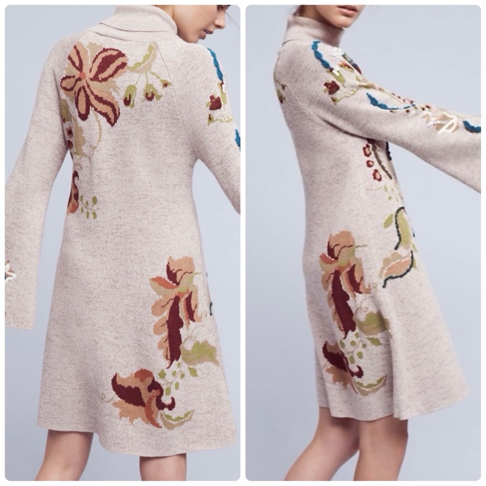 Anthropologie Beige Floral Long Sleeve Dress